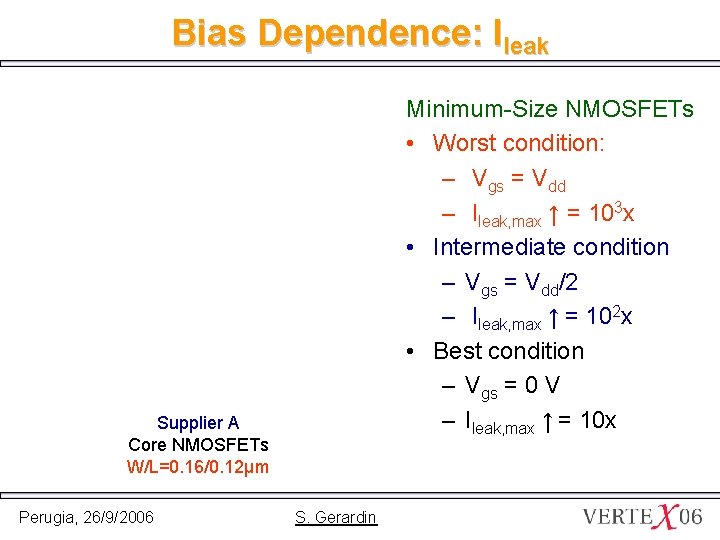 Bias Dependence: Ileak Minimum-Size NMOSFETs • Worst condition: – Vgs = Vdd – Ileak,