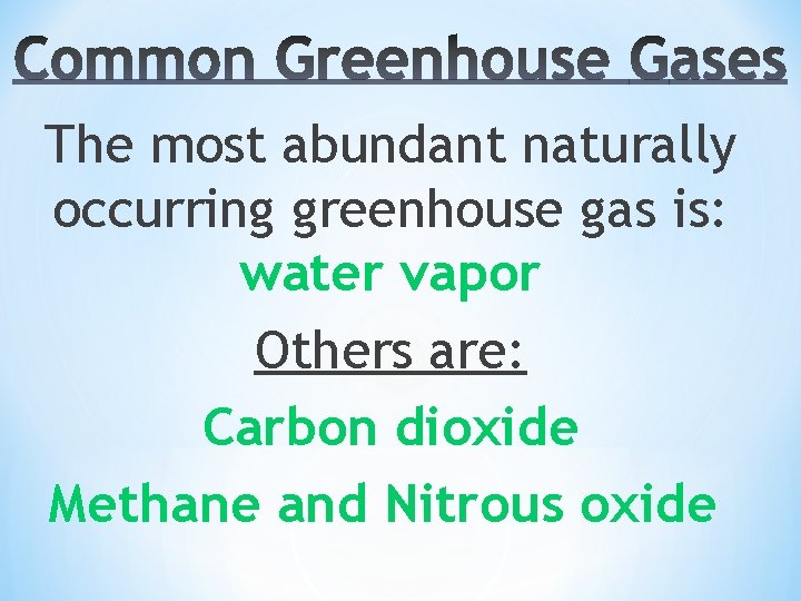 The most abundant naturally occurring greenhouse gas is: water vapor Others are: Carbon dioxide
