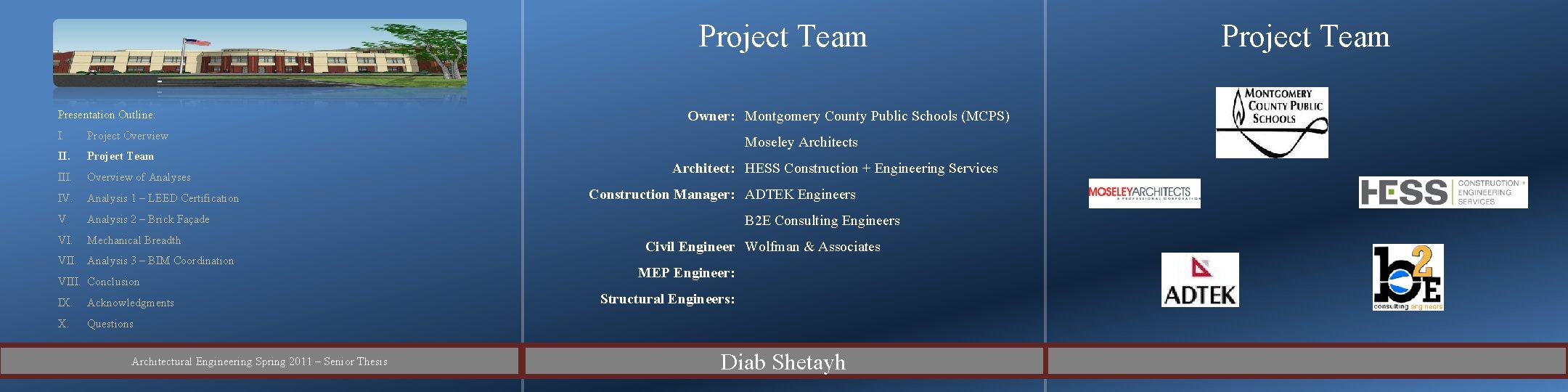 Project Team Presentation Outline: I. Project Overview II. Project Team III. Overview of Analyses