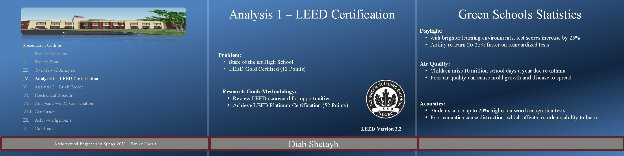 Analysis 1 – LEED Certification Daylight: • with brighter learning environments, test scores increase