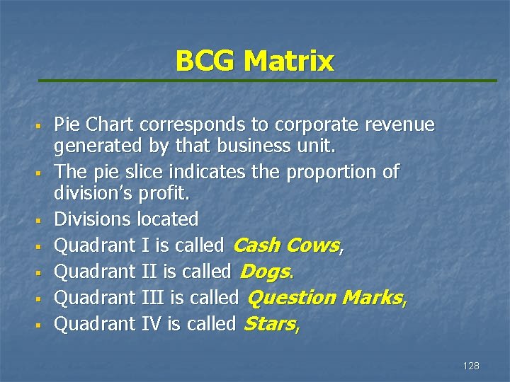 BCG Matrix § § § § Pie Chart corresponds to corporate revenue generated by