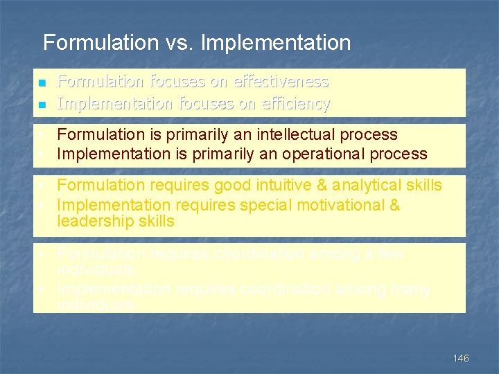 Formulation vs. Implementation n n Formulation focuses on effectiveness Implementation focuses on efficiency •