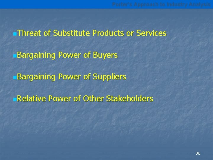 Porter’s Approach to Industry Analysis n. Threat of Substitute Products or Services n. Bargaining