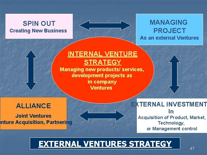 MANAGING PROJECT SPIN OUT Creating New Business As an external Ventures INTERNAL VENTURE STRATEGY