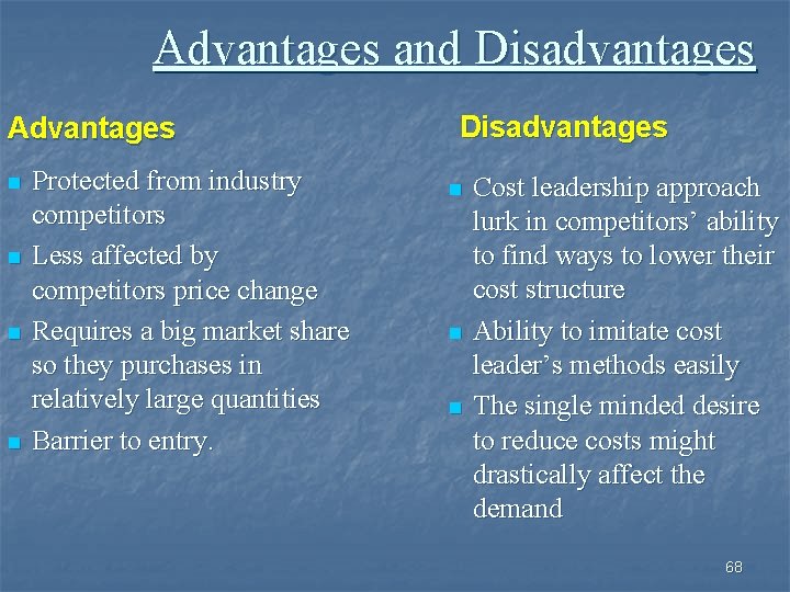 Advantages and Disadvantages Advantages n n Protected from industry competitors Less affected by competitors