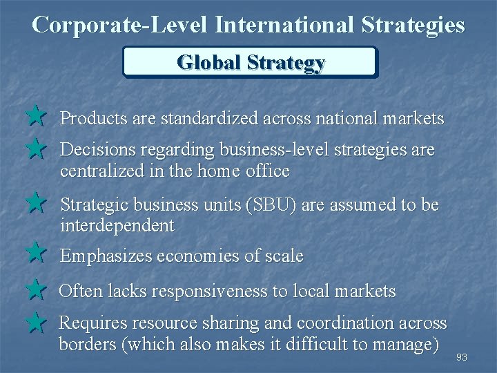 Corporate-Level International Strategies Global Strategy Products are standardized across national markets Decisions regarding business-level