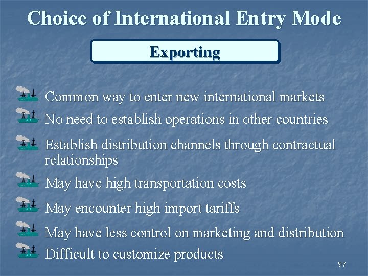 Choice of International Entry Mode Exporting Common way to enter new international markets No