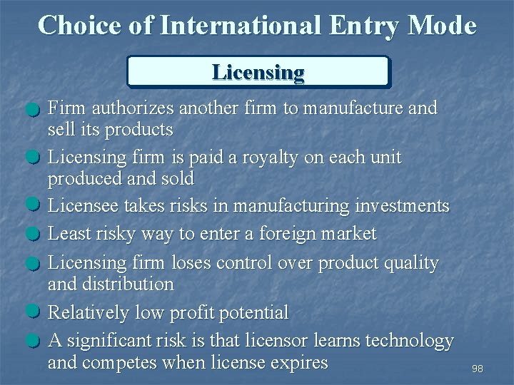 Choice of International Entry Mode Licensing Firm authorizes another firm to manufacture and sell