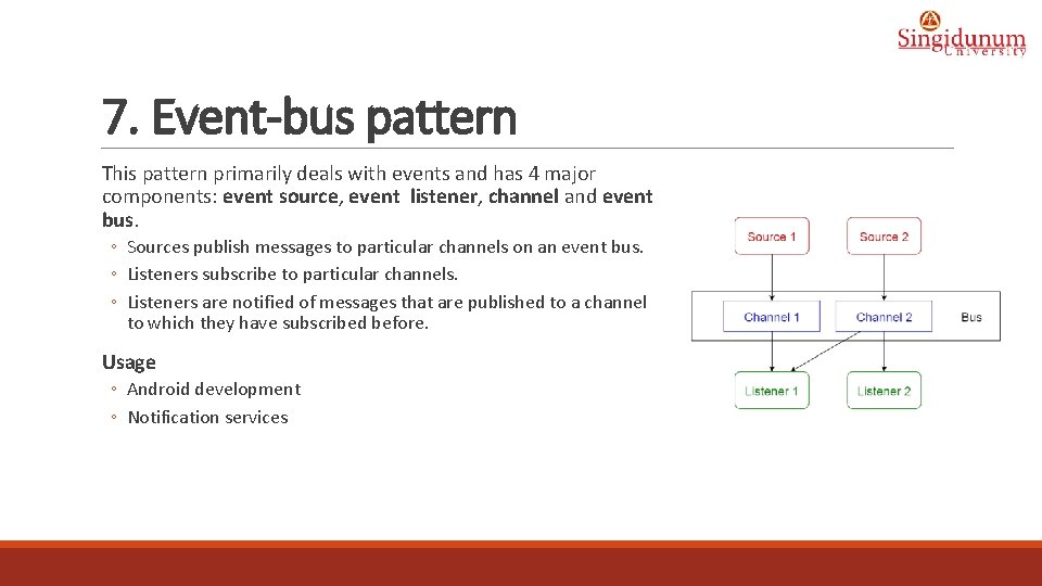 7. Event-bus pattern This pattern primarily deals with events and has 4 major components: