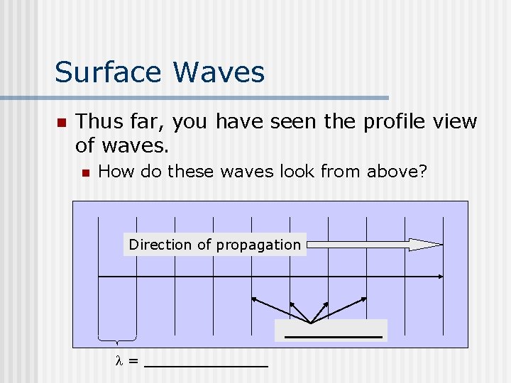 Surface Waves n Thus far, you have seen the profile view of waves. n