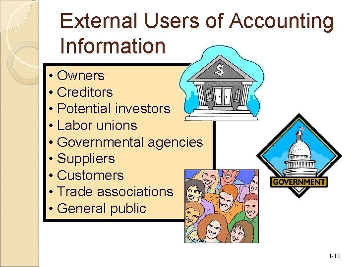 External Users of Accounting Information • Owners • Creditors • Potential investors • Labor