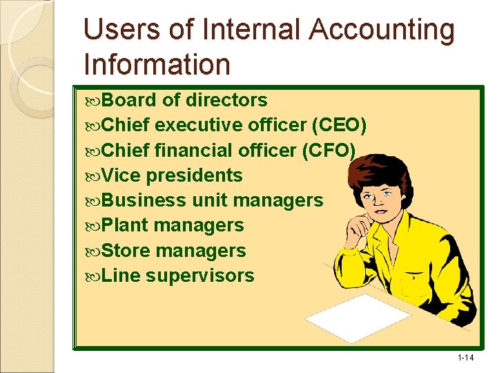 Users of Internal Accounting Information Board of directors Chief executive officer (CEO) Chief financial