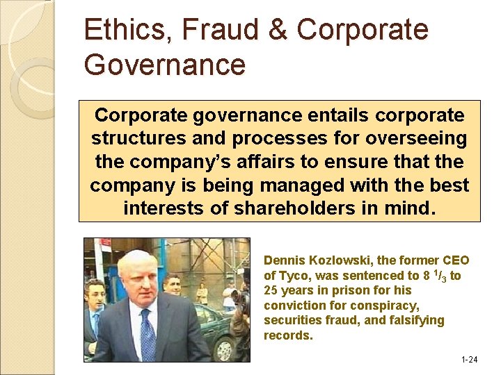 Ethics, Fraud & Corporate Governance Corporate governance entails corporate structures and processes for overseeing