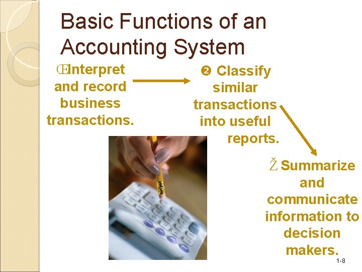 Basic Functions of an Accounting System ŒInterpret and record business transactions. Classify similar transactions