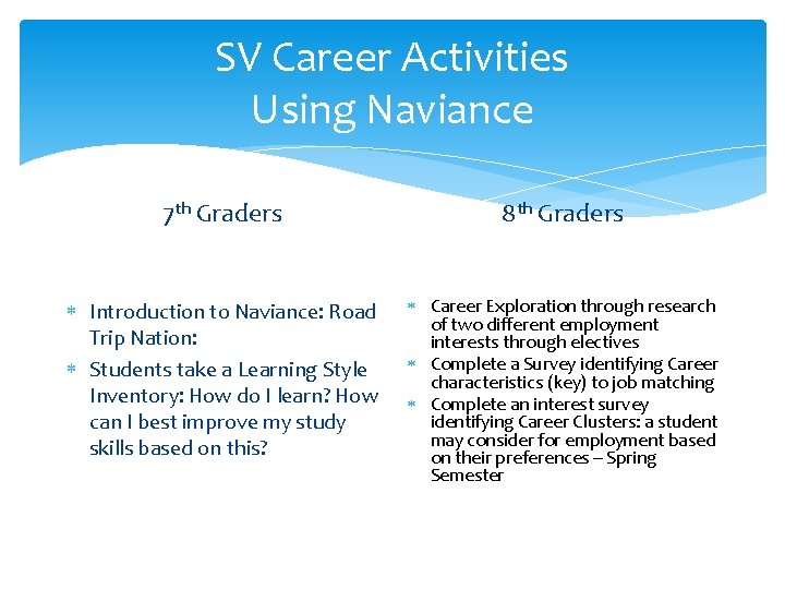 SV Career Activities Using Naviance 7 th Graders 8 th Graders Introduction to Naviance: