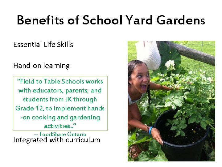 Benefits of School Yard Gardens Essential Life Skills Hand-on learning “Field to Table Schools