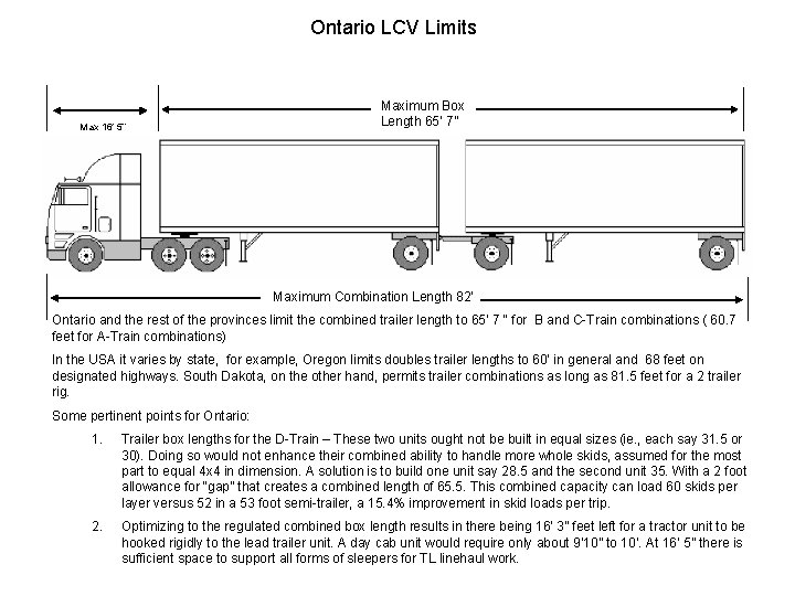 Ontario LCV Limits Max 16’ 5” Maximum Box Length 65’ 7” Maximum Combination Length Ontario LCV Limits Max 16’ 5” Maximum Box Length 65’ 7” Maximum Combination Length