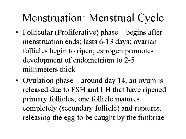 Menstruation: Menstrual Cycle • Follicular (Proliferative) phase – begins after menstruation ends; lasts 6