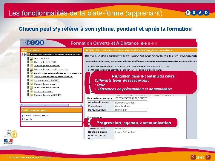 Les fonctionnalités de la plate-forme (apprenant) Chacun peut s’y référer à son rythme, pendant