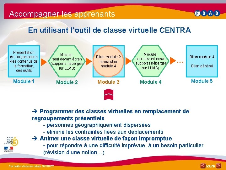 Accompagner les apprenants En utilisant l’outil de classe virtuelle CENTRA Présentation de l’organisation des