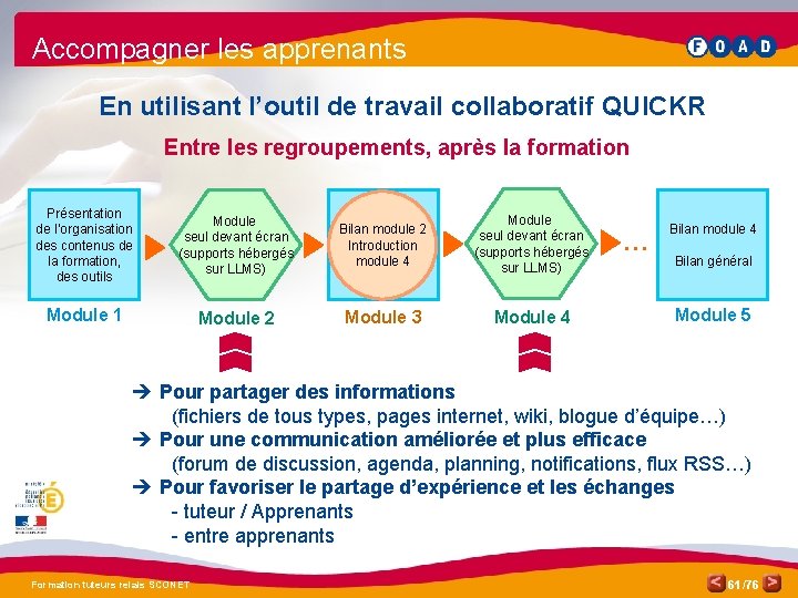 Accompagner les apprenants En utilisant l’outil de travail collaboratif QUICKR Entre les regroupements, après