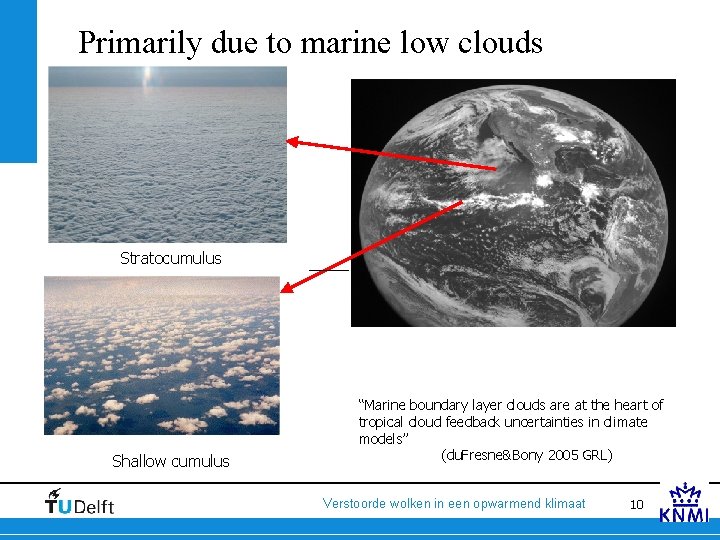 Primarily due to marine low clouds Stratocumulus Shallow cumulus “Marine boundary layer clouds are