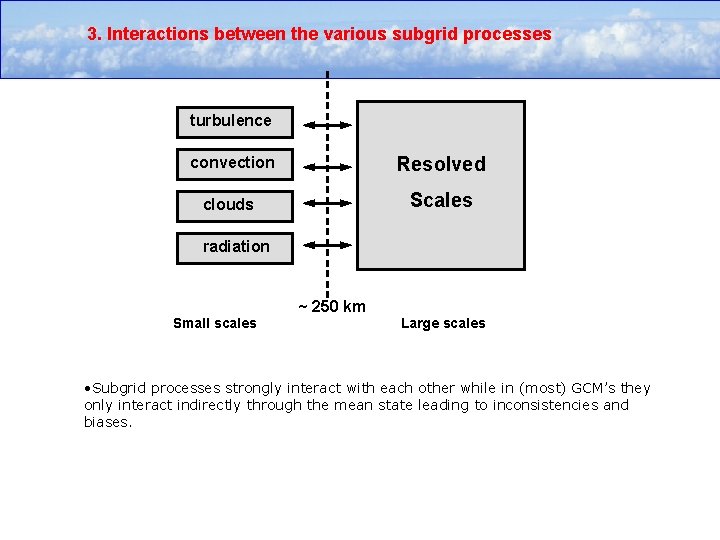 3. Interactions between the various subgrid processes turbulence convection Resolved clouds Scales radiation ~