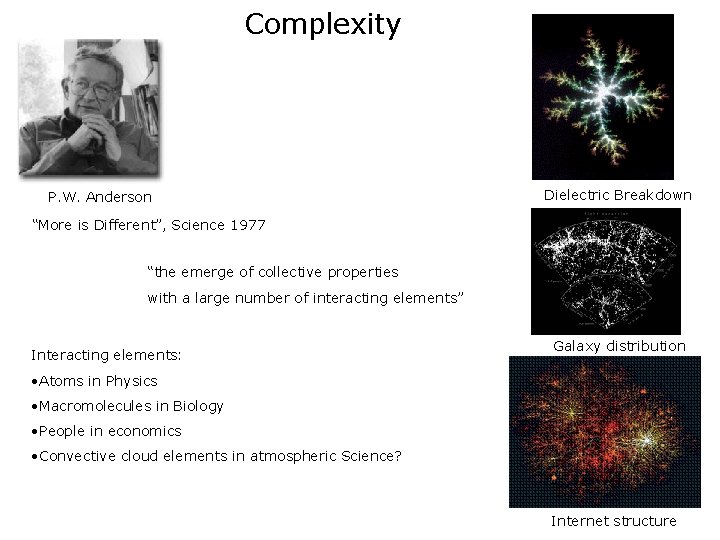 Complexity P. W. Anderson Dielectric Breakdown “More is Different”, Science 1977 “the emerge of