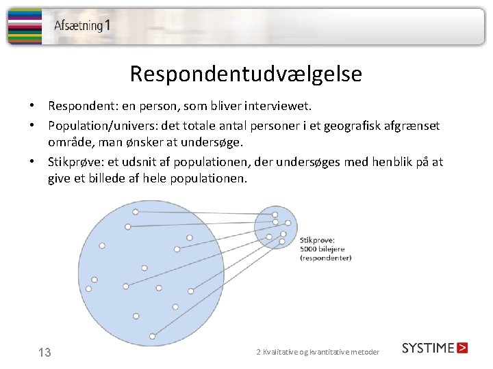 Respondentudvælgelse • Respondent: en person, som bliver interviewet. • Population/univers: det totale antal personer