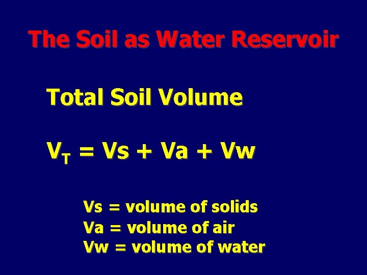 The Soil as Water Reservoir Total Soil Volume VT = Vs + Va +