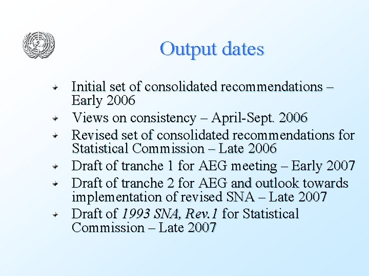 Output dates Initial set of consolidated recommendations – Early 2006 Views on consistency –