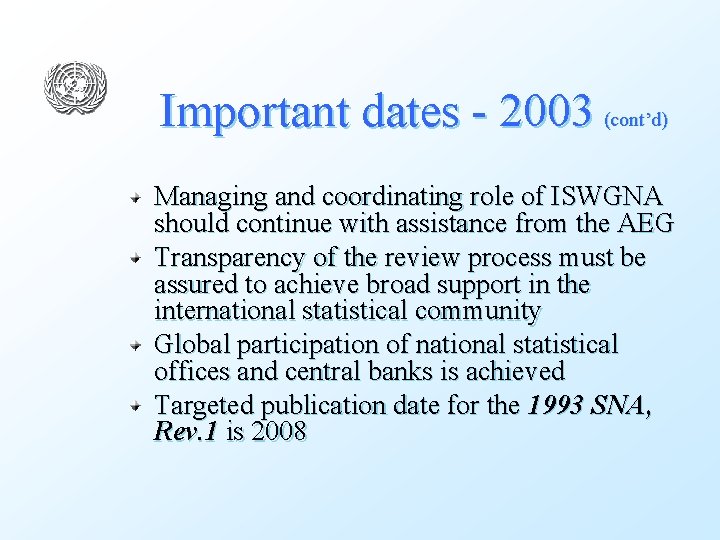 Important dates - 2003 (cont’d) Managing and coordinating role of ISWGNA should continue with