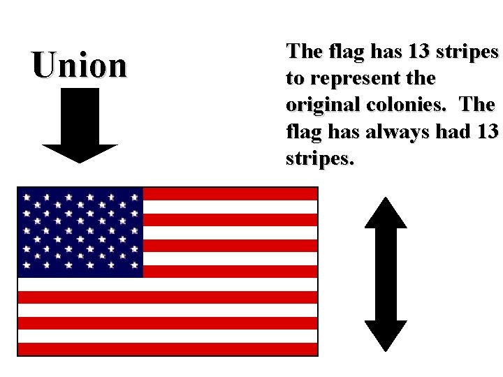 Union The flag has 13 stripes to represent the original colonies. The flag has