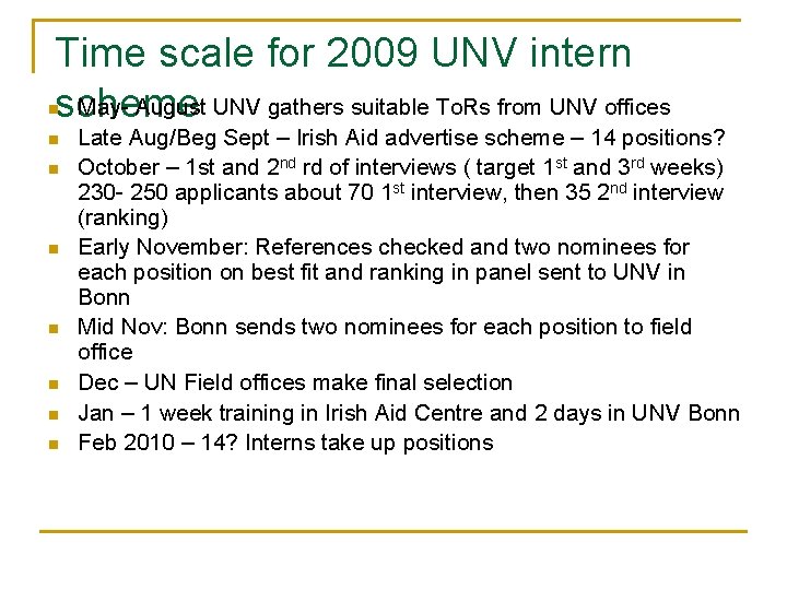 Time scale for 2009 UNV intern May- August UNV gathers suitable To. Rs from