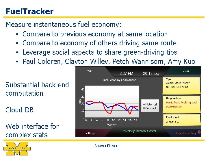 Fuel. Tracker Measure instantaneous fuel economy: • Compare to previous economy at same location