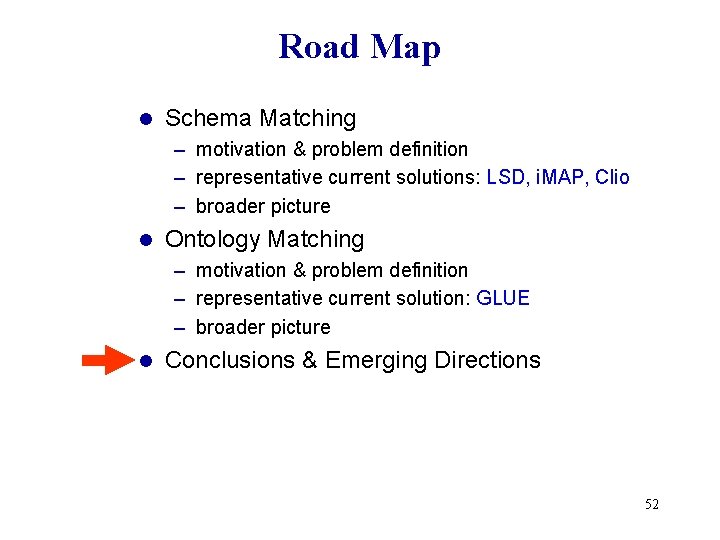 Road Map l Schema Matching – motivation & problem definition – representative current solutions: