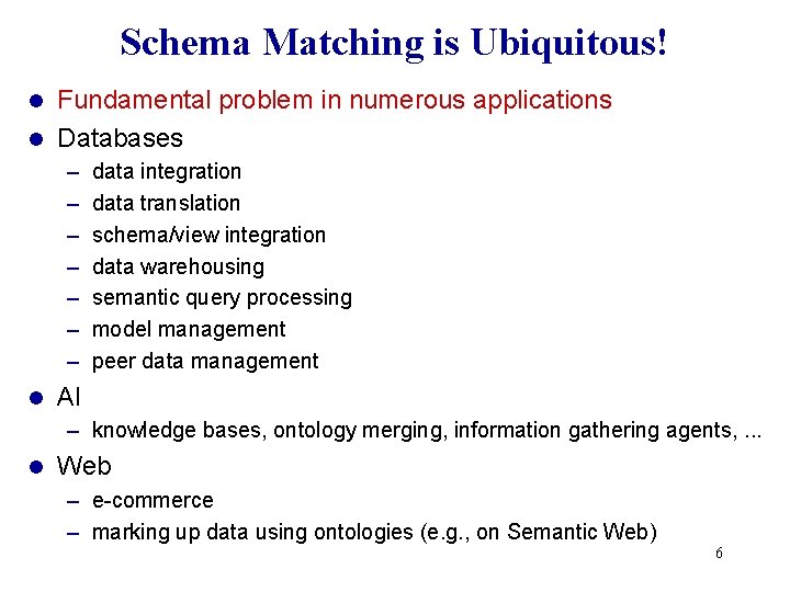 Schema Matching is Ubiquitous! Fundamental problem in numerous applications l Databases l – –