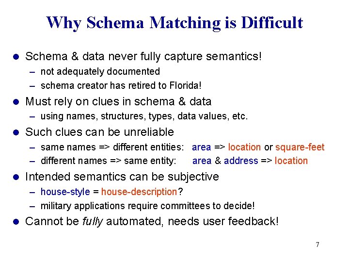 Why Schema Matching is Difficult l Schema & data never fully capture semantics! –