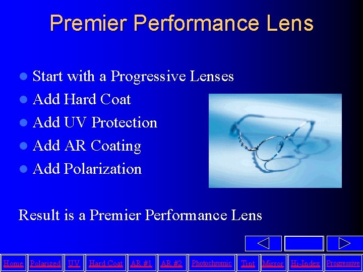 Premier Performance Lens l Start with a Progressive Lenses l Add Hard Coat l