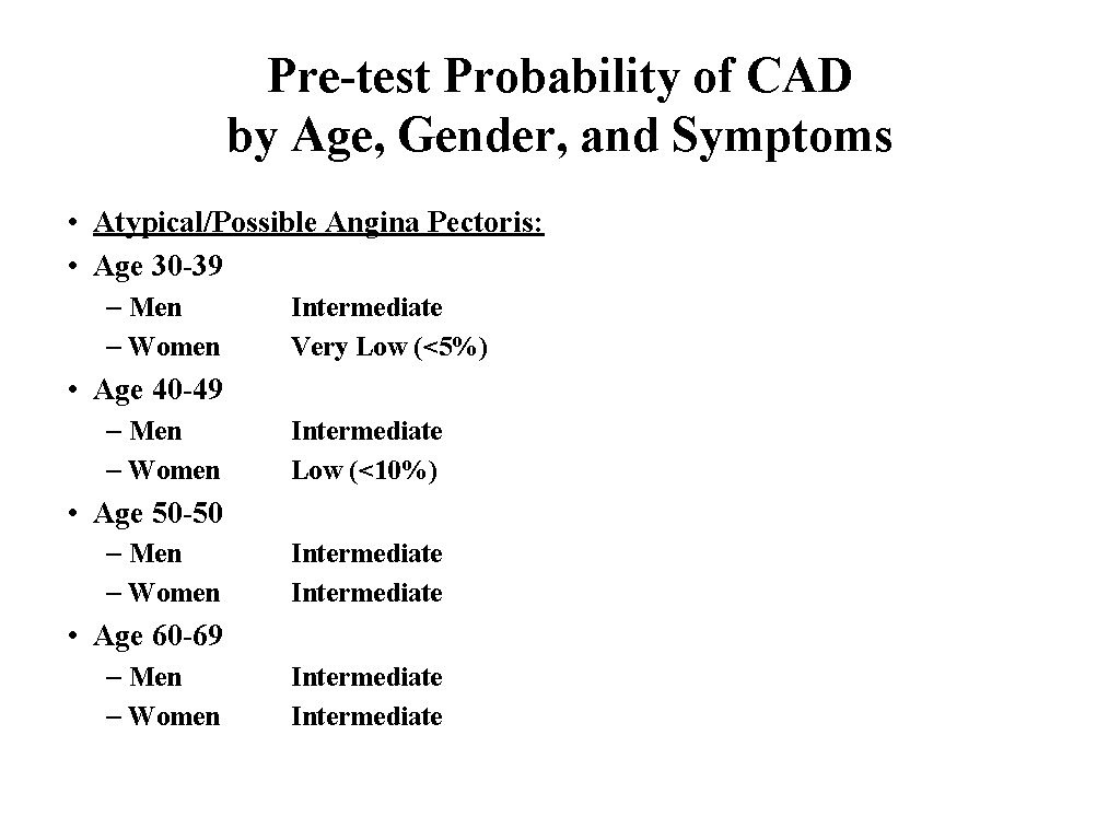 Pre-test Probability of CAD by Age, Gender, and Symptoms • Atypical/Possible Angina Pectoris: •