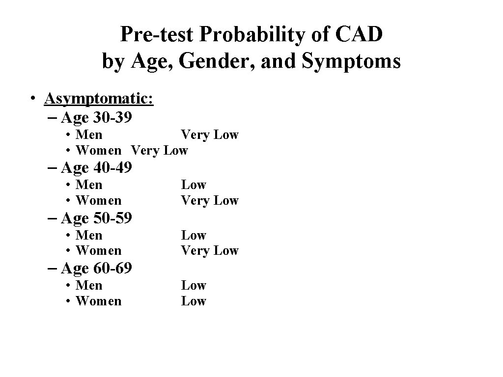 Pre-test Probability of CAD by Age, Gender, and Symptoms • Asymptomatic: – Age 30