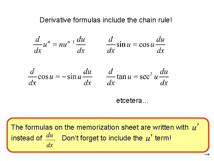 Derivative formulas include the chain rule! etcetera… The formulas on the memorization sheet are