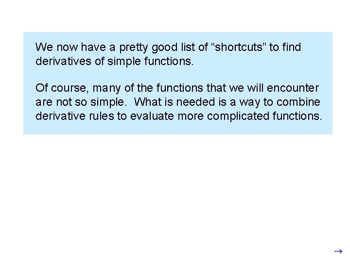 We now have a pretty good list of “shortcuts” to find derivatives of simple