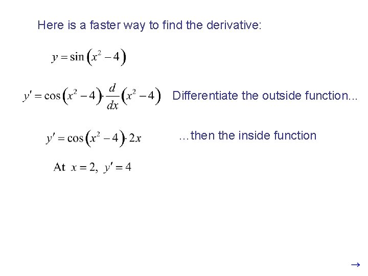 Here is a faster way to find the derivative: Differentiate the outside function. .