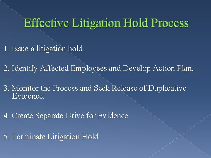Effective Litigation Hold Process 1. Issue a litigation hold. 2. Identify Affected Employees and