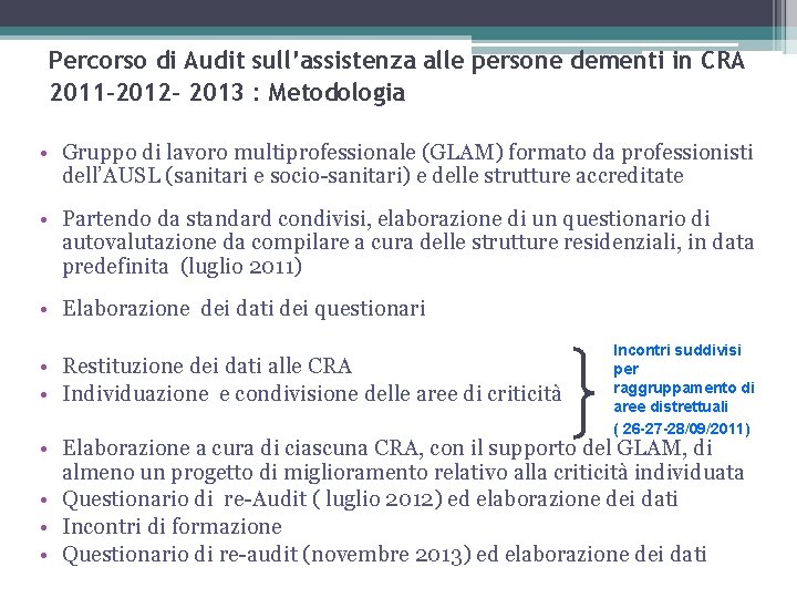 Percorso di Audit sull’assistenza alle persone dementi in CRA 2011 -2012 - 2013 :