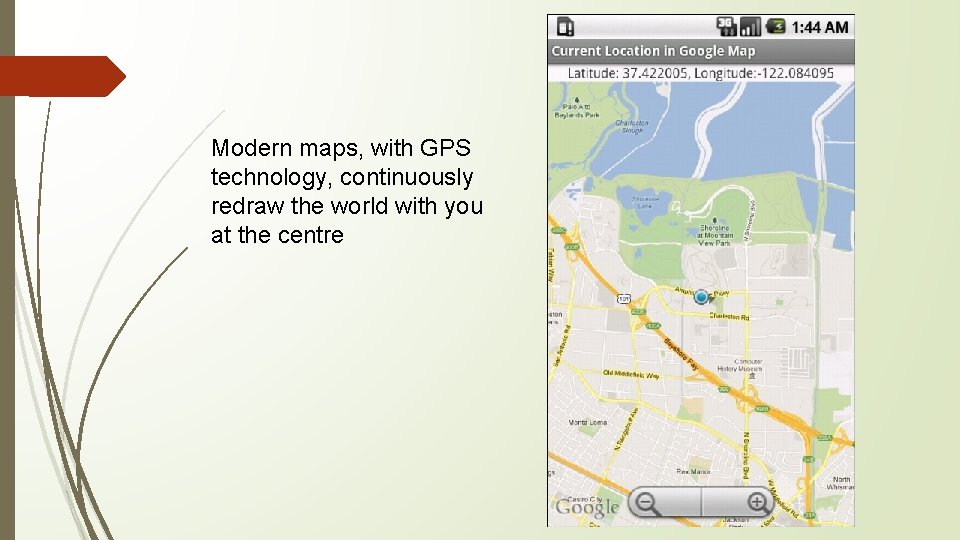 Modern maps, with GPS technology, continuously redraw the world with you at the centre