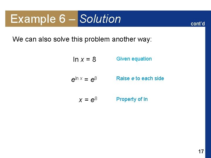 Example 6 – Solution cont’d We can also solve this problem another way: ln