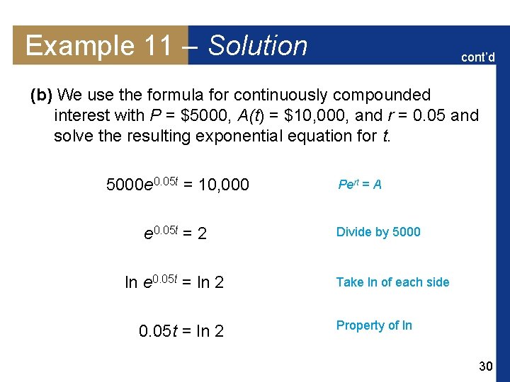 Example 11 – Solution cont’d (b) We use the formula for continuously compounded interest