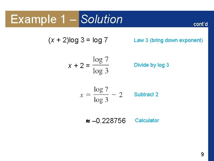 Example 1 – Solution (x + 2)log 3 = log 7 x+2= cont’d Law